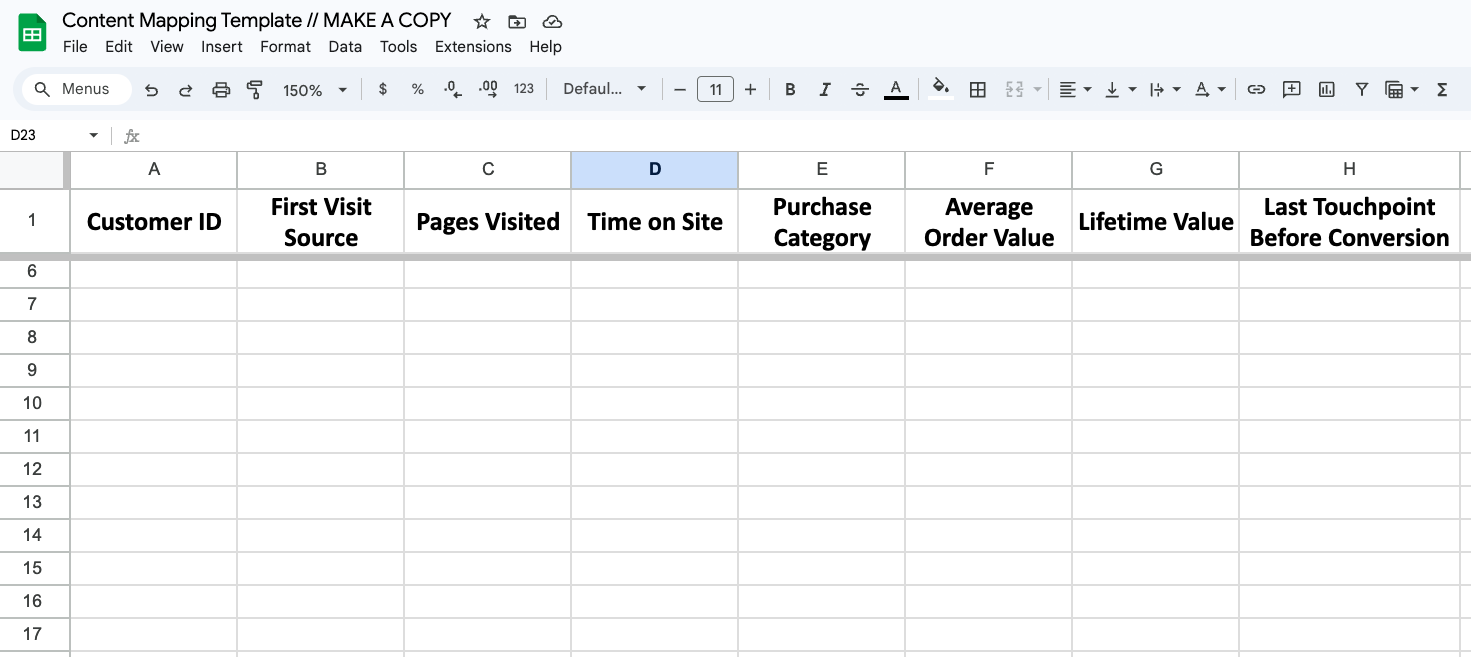 Content mapping template in Google Sheets. 