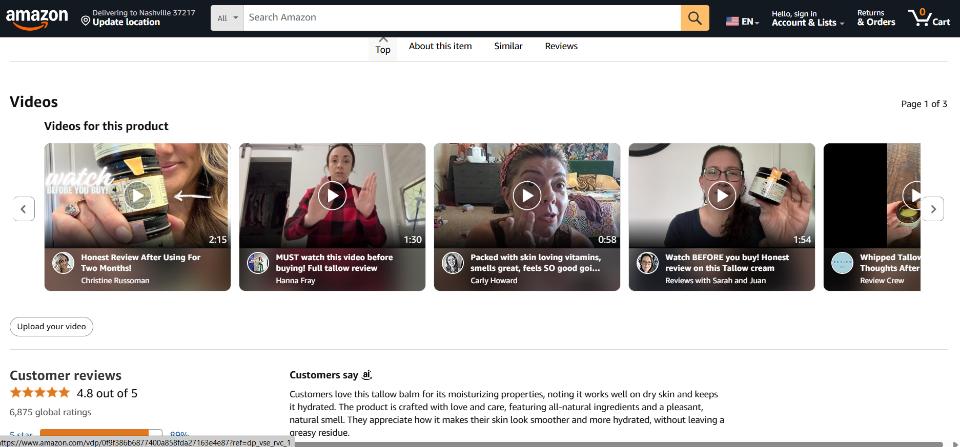 Amazon video reviews page for a product. 