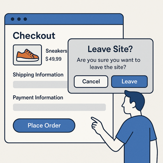 Illustration of shopping cart abandonment with a popup for leaving site. 