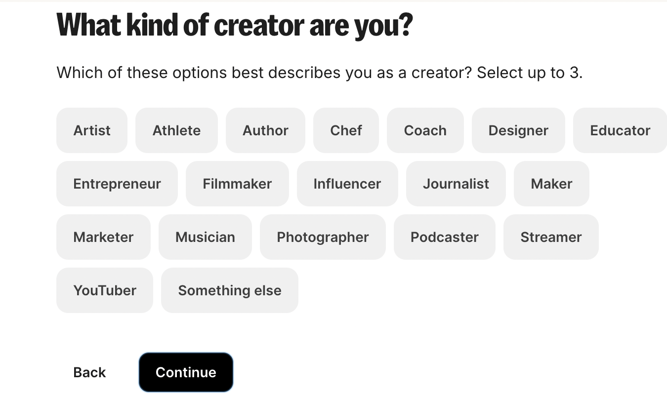 What kind of creator are you quiz with various options to select. 