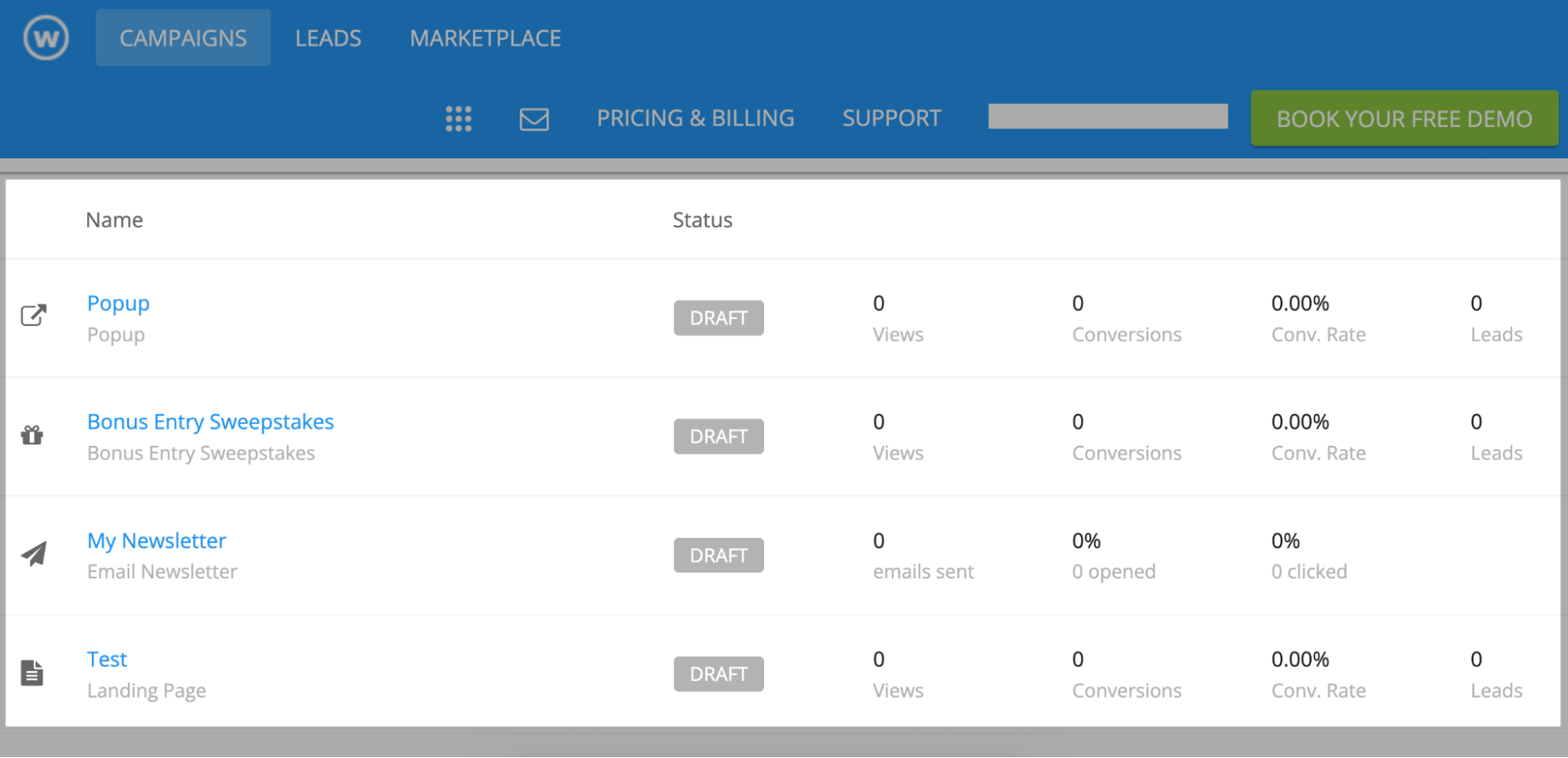 Wishpond platform with four tools displayed. 