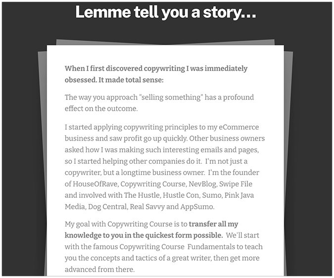 Screenshot of text about a copywriting course. 