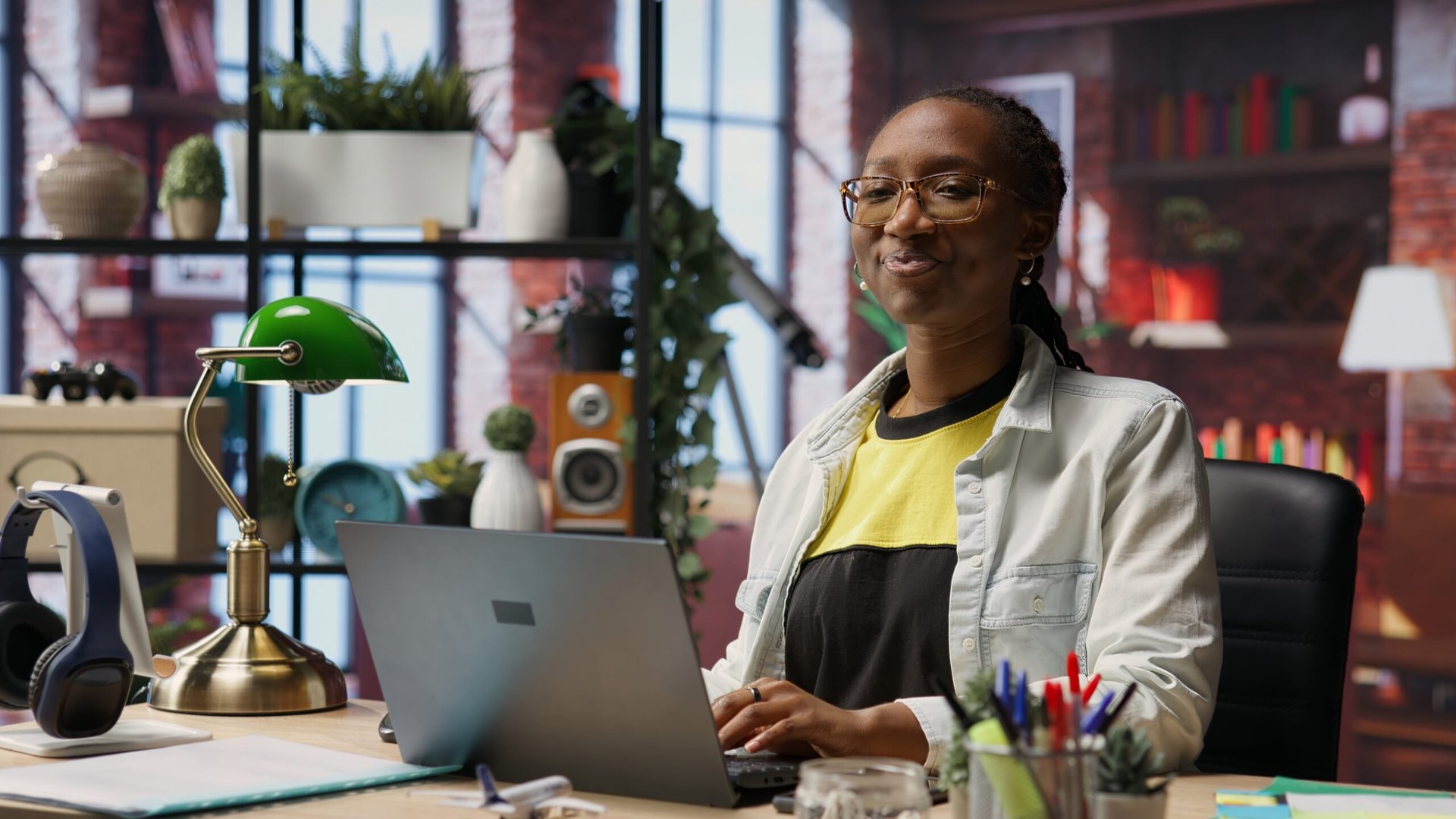 Happy woman working remotely from home on a laptop at a desk in a home office.