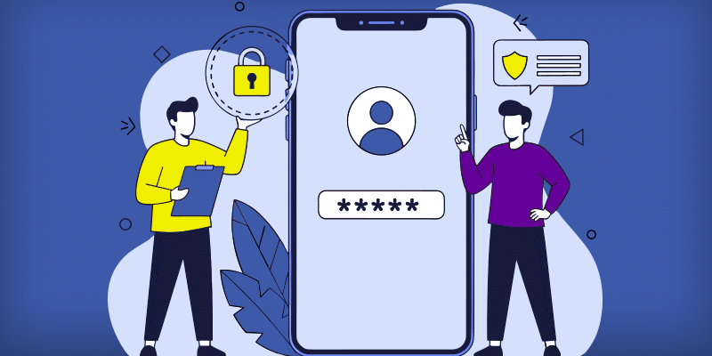 Two people stand beside a giant smartphone showing a password entry screen, representing digital security and user account protection.