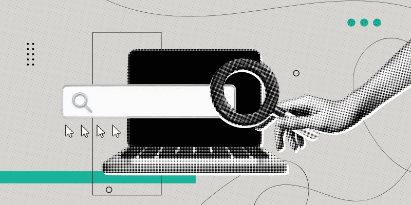 Hand with magnifying glass over search bar on laptop screen, emphasizing SaaS visibility amid abstract graphic background elements.